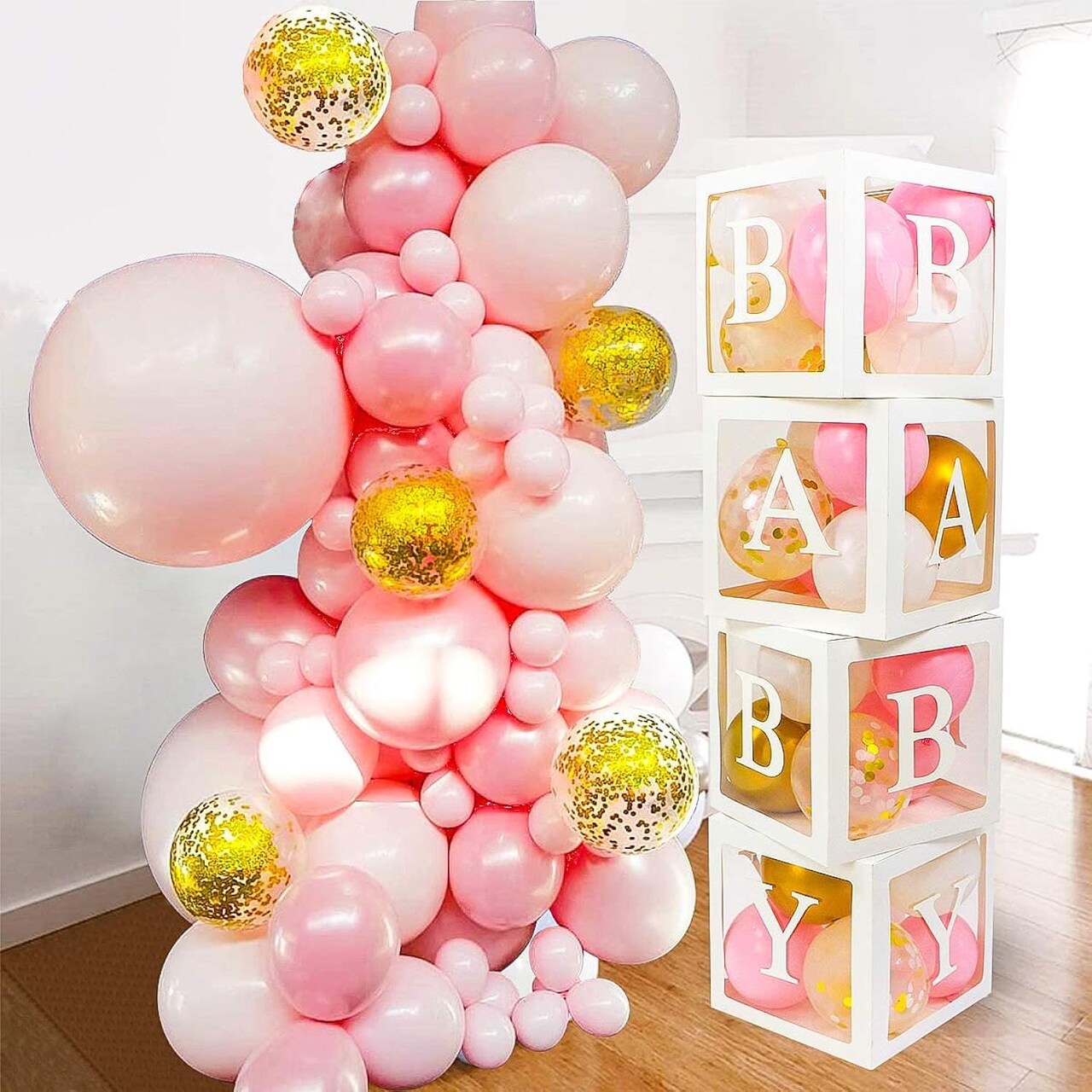 82 PCS Baby Shower Decorations for Girl - Jumbo Transparent Baby Block Balloon Box Includes BABY, A - Z Letters DYI, White Pink Gold Confetti Balloons, Gender Reveal Party Supplies, 1st Birthday Décor